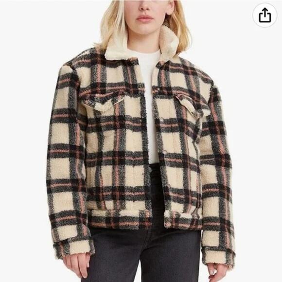 Levi’s Plaid Ex-Boyfriend Trucker Teddy Jacket Sherpa Fleece Pink Cream NWT Sz S